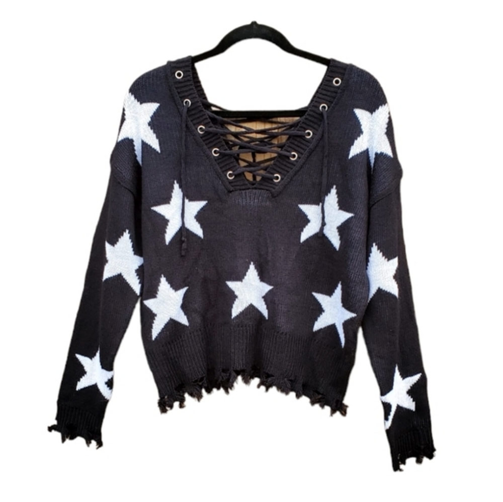 New Willow Moon Black Star‎ Sweater Rough Hems Small NWT